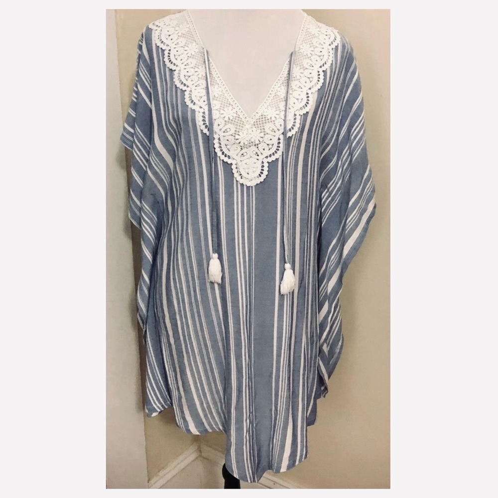 Dotti Blue Stripe Caftan Style Tunic Top Cover-Up, Sz S